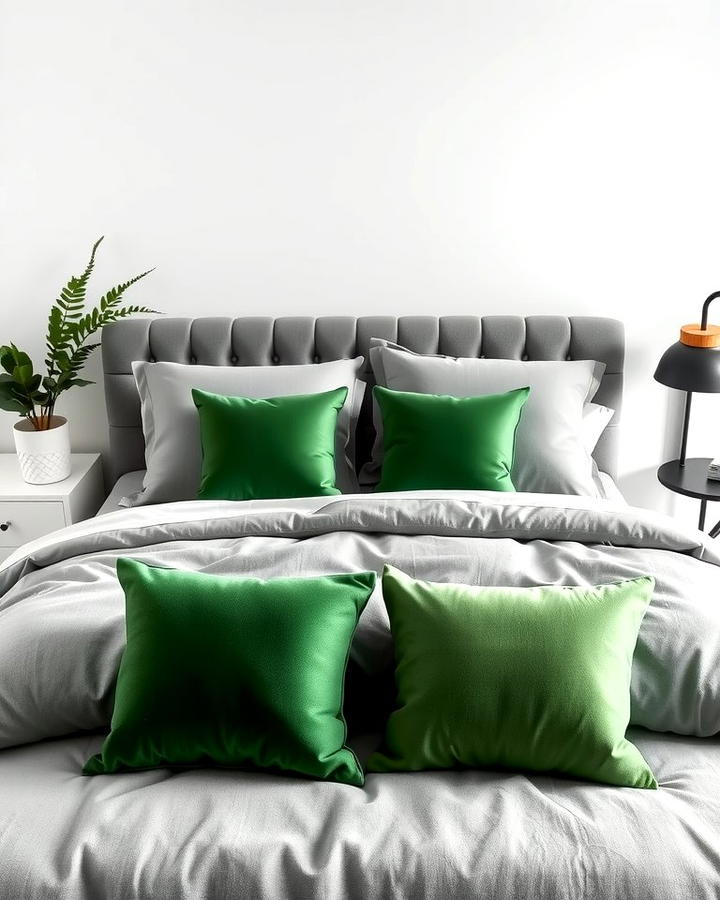 Grey Bedding with Green Throw Pillows 2