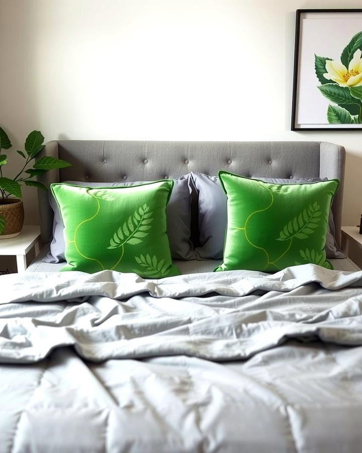 Grey Bedding with Green Throw Pillows
