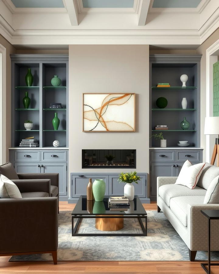 Grey Built Ins with Green Decor