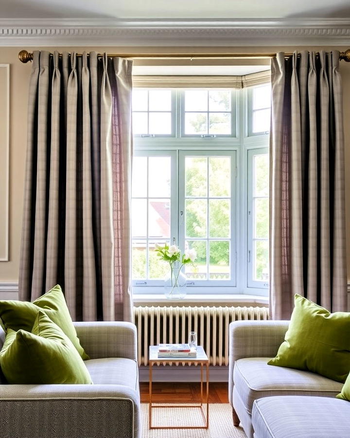 Grey Curtains With Green Cushions for Living Room