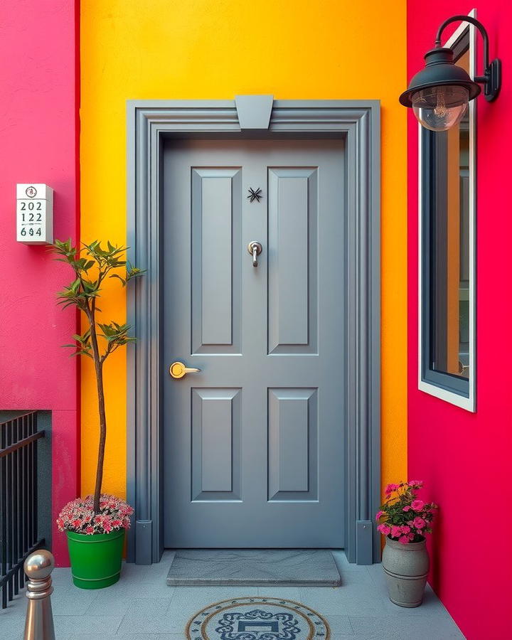 Grey Door with Vibrant Surrounding Colors