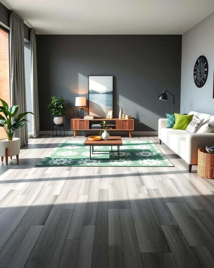 Grey Flooring with Green Accents