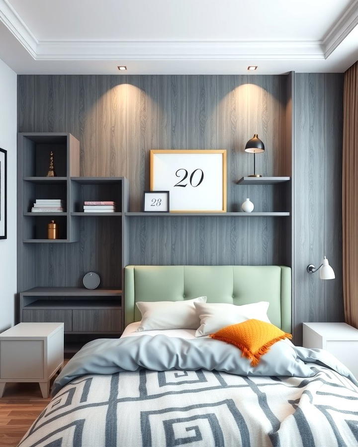 Grey Headboard with Built In Shelving