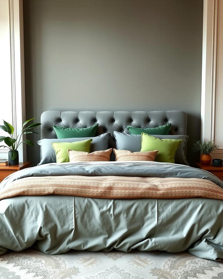 Grey Headboard with Green Bedding