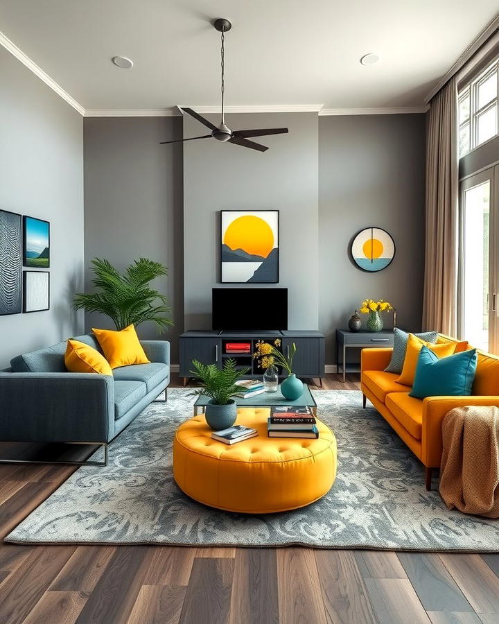 Grey Living Room with Bold Accent Colors