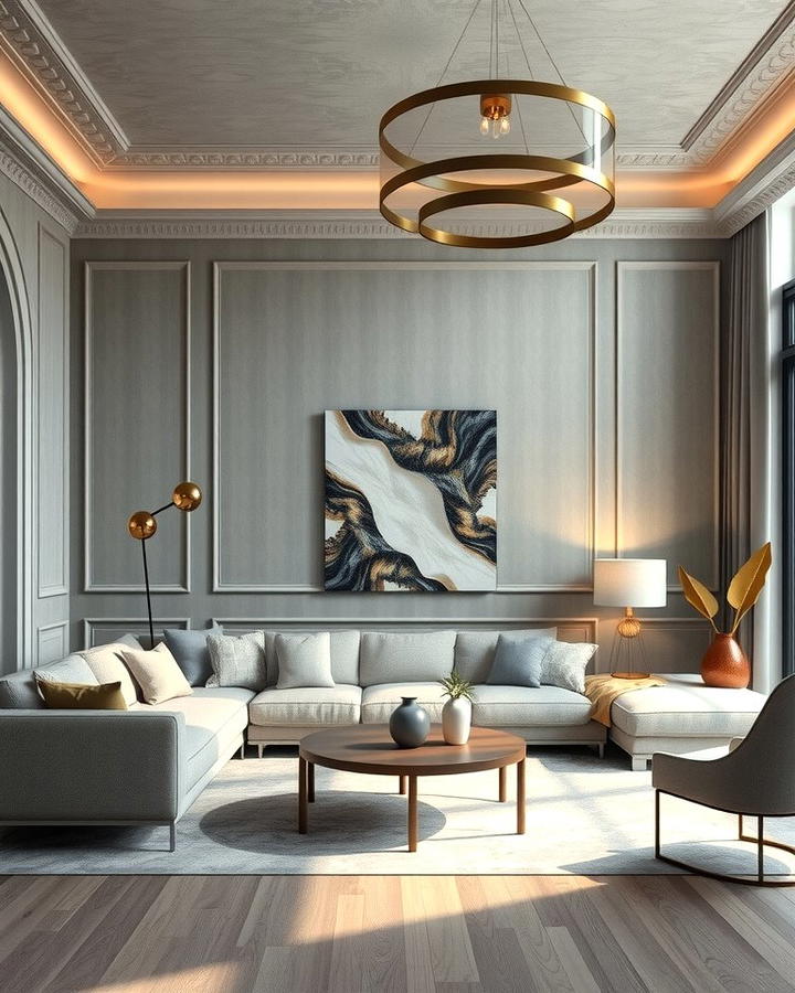 Grey Living Room with Statement Lighting