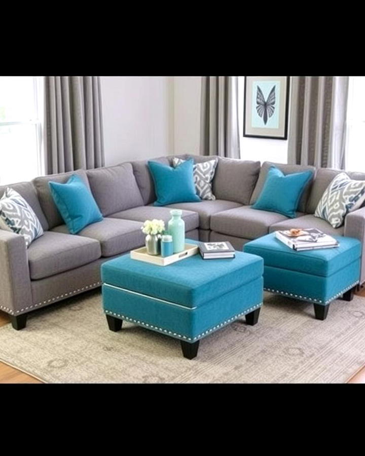 Grey Sectional with Teal Ottomans