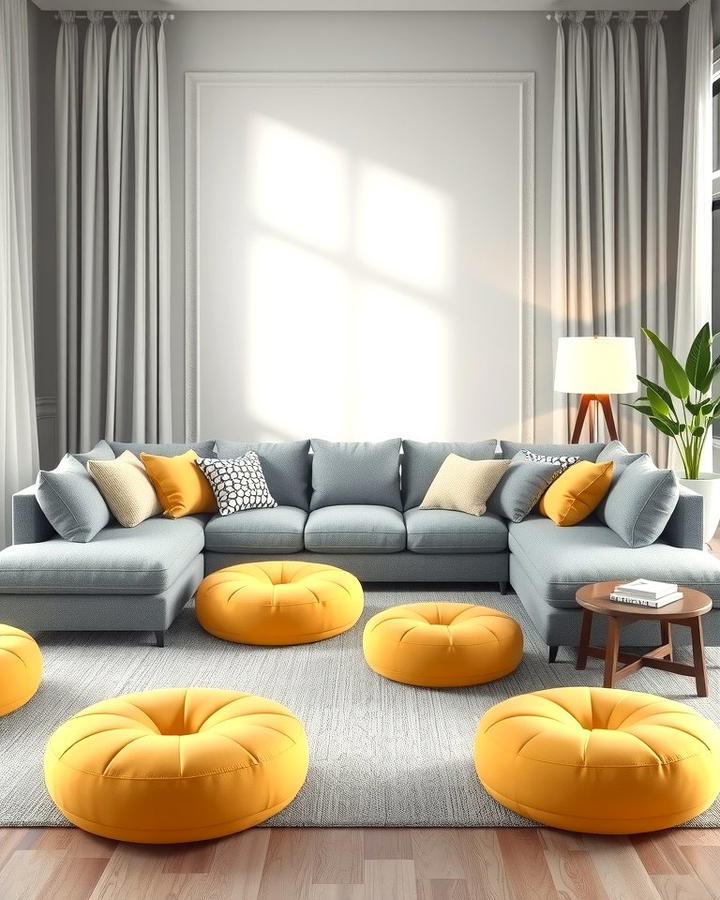 Grey Sectional with Yellow Poufs