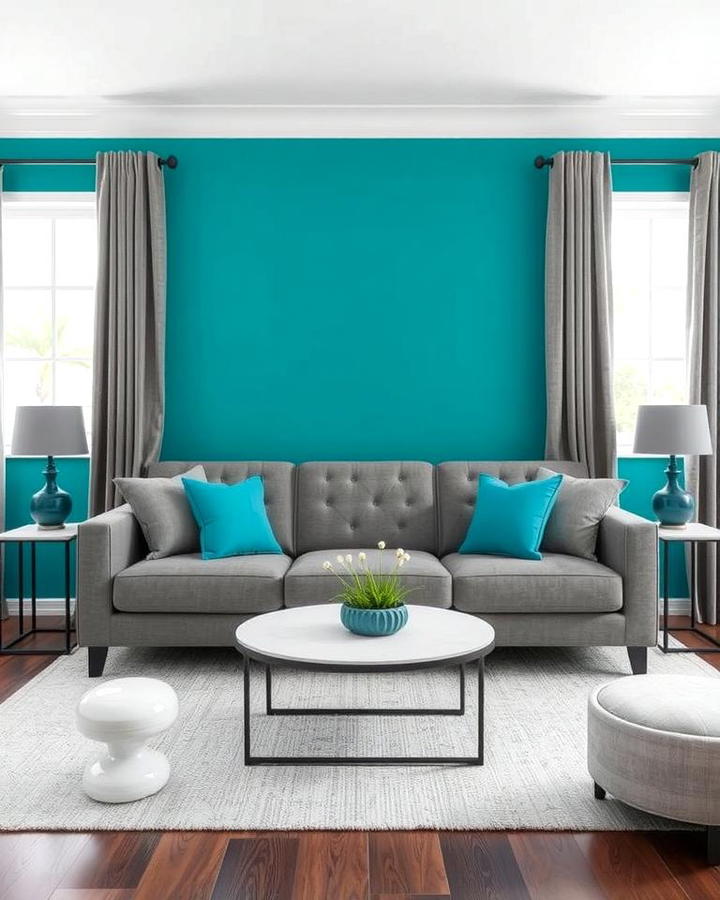 Grey Sofa with Teal Accent Wall