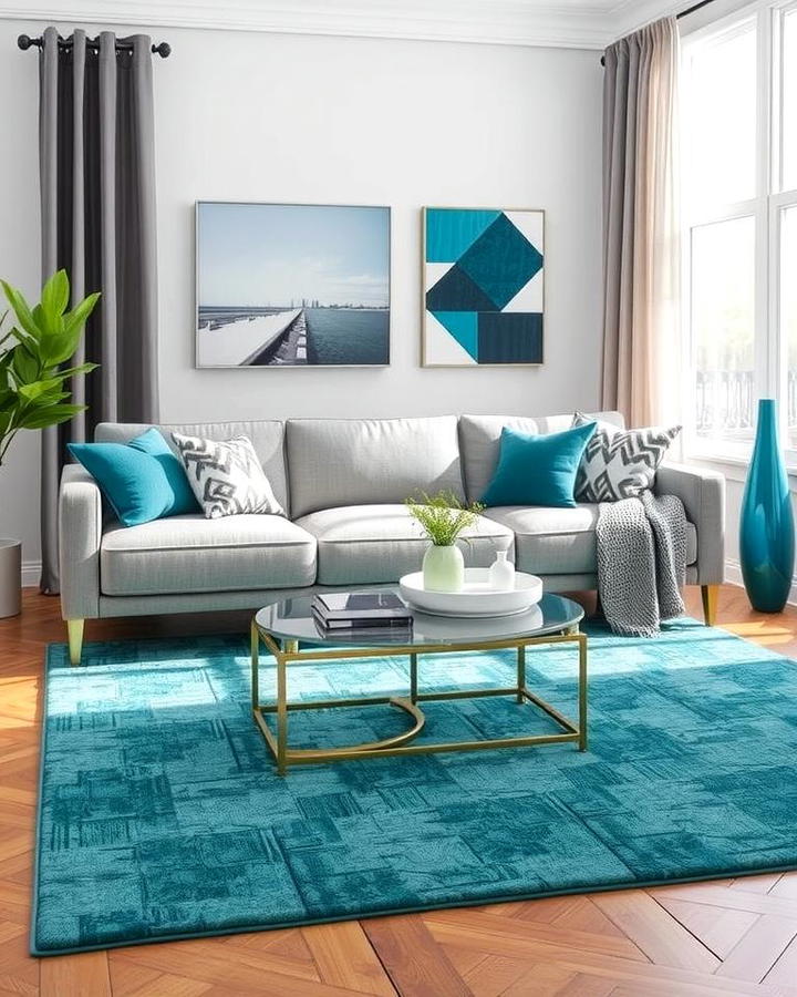 Grey Sofa with Teal Area Rug