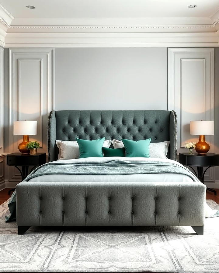 Grey Upholstered Bed with Green Decor