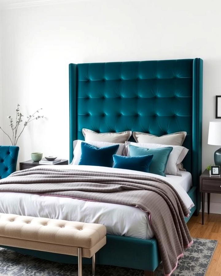 Grey Upholstered Bed with Teal Headboard