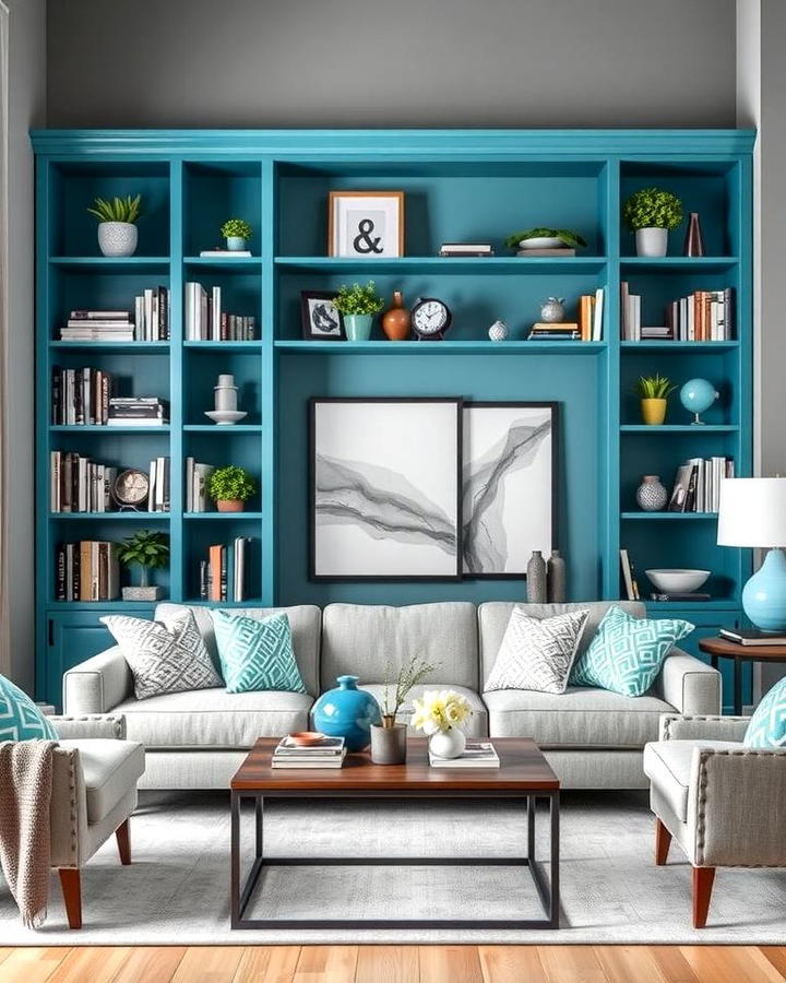 Grey Walls with Teal Bookshelves