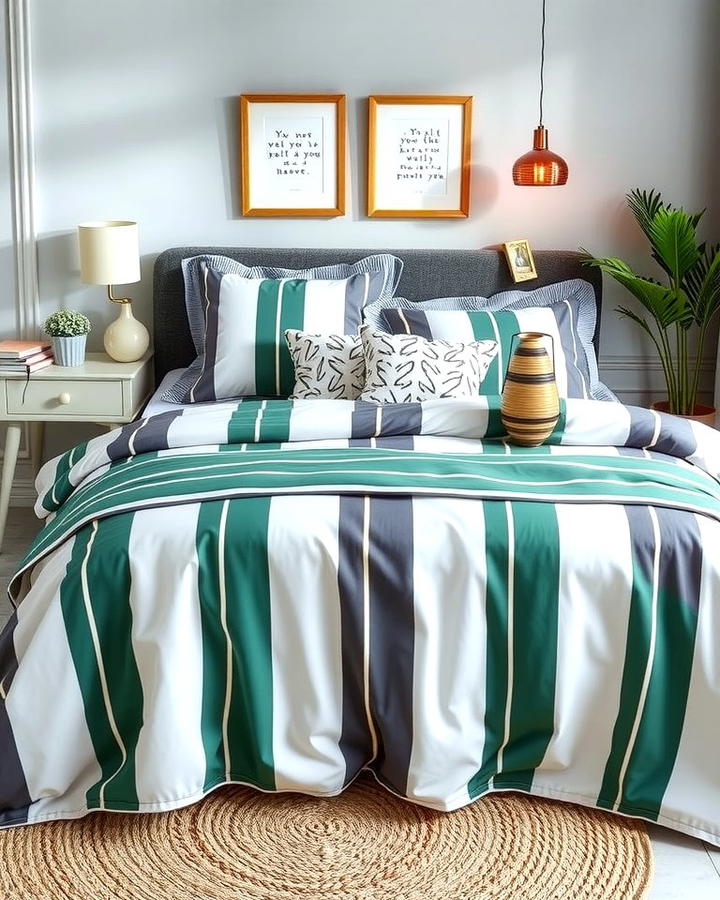 Grey and Green Striped Bedding