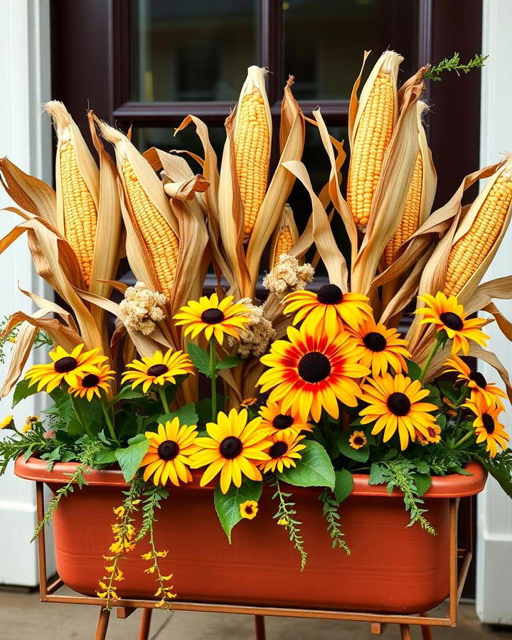 Harvest Theme with Corn Stalks and Black Eyed Susans