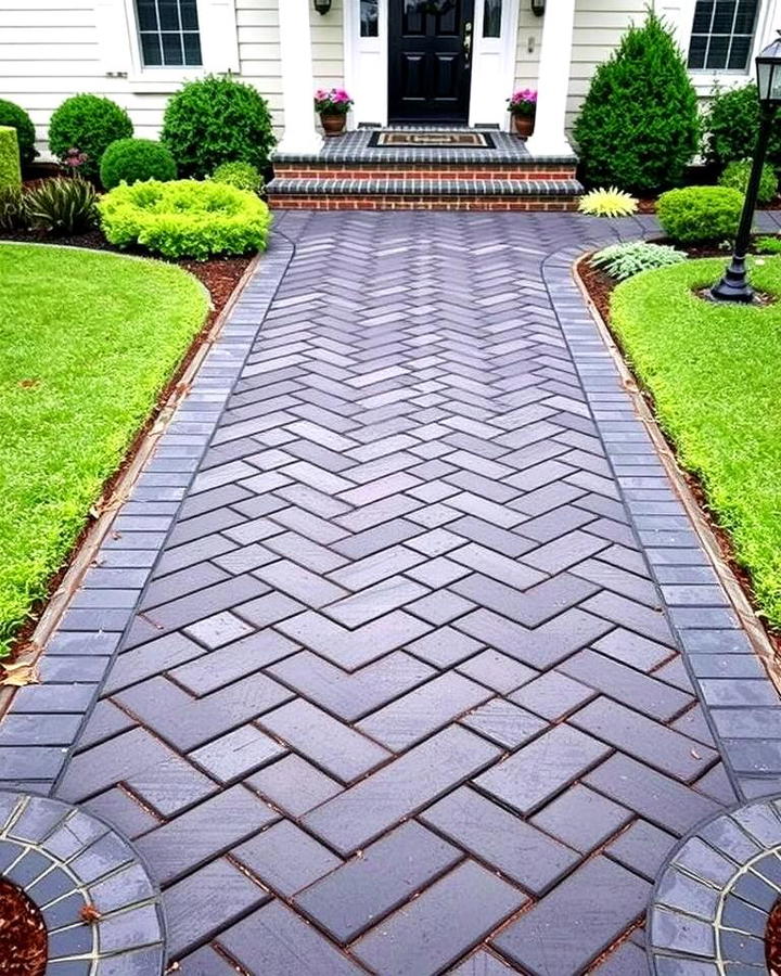 Herringbone Pattern Black Brick Walkway