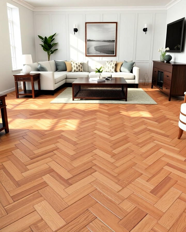 Herringbone Pattern Wood Living Room Floor