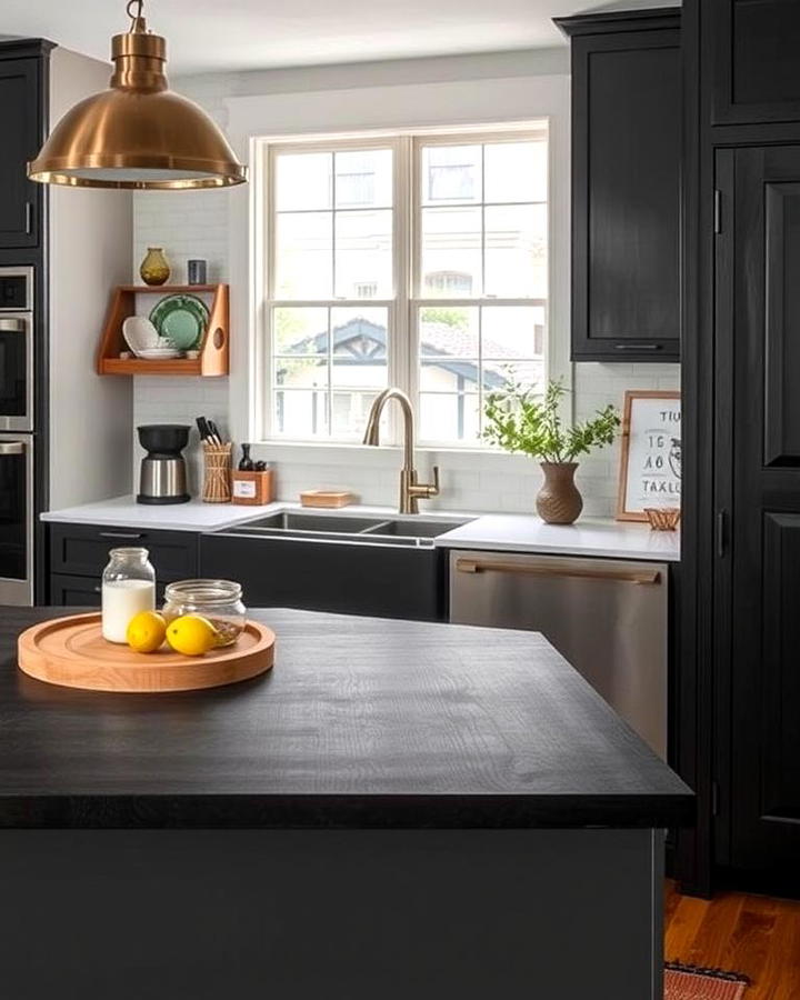 High Contrast Drama with Blackened Wood Countertops