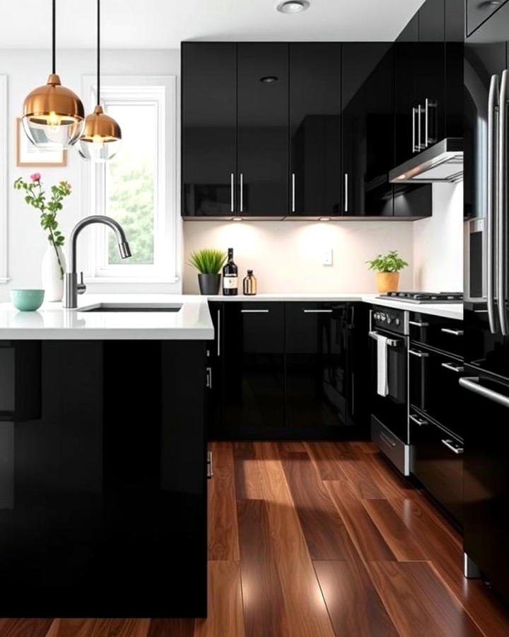 High Gloss Black Cabinets With White Solid Surface Countertops