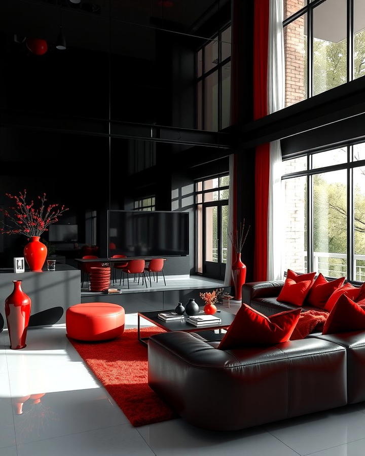 High Gloss Black Walls with Red Accents