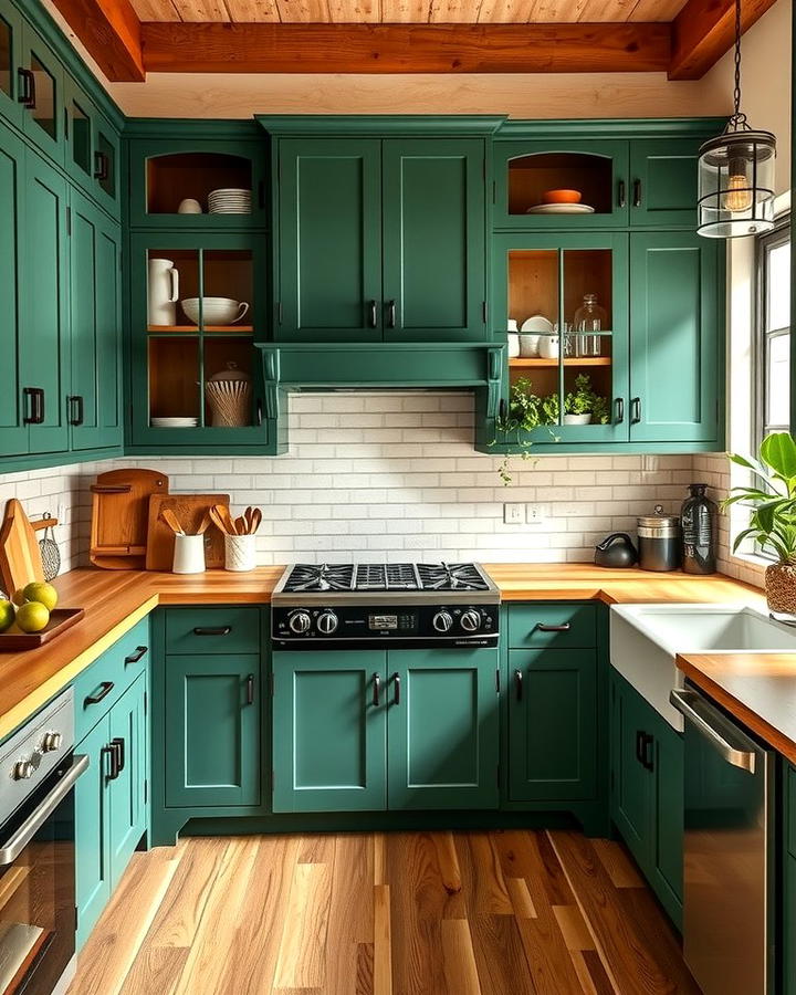 Hunter Green Cabinets with Butcher Block Countertops