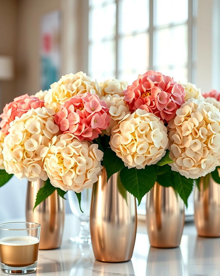 Hydrangeas in Metallic Containers