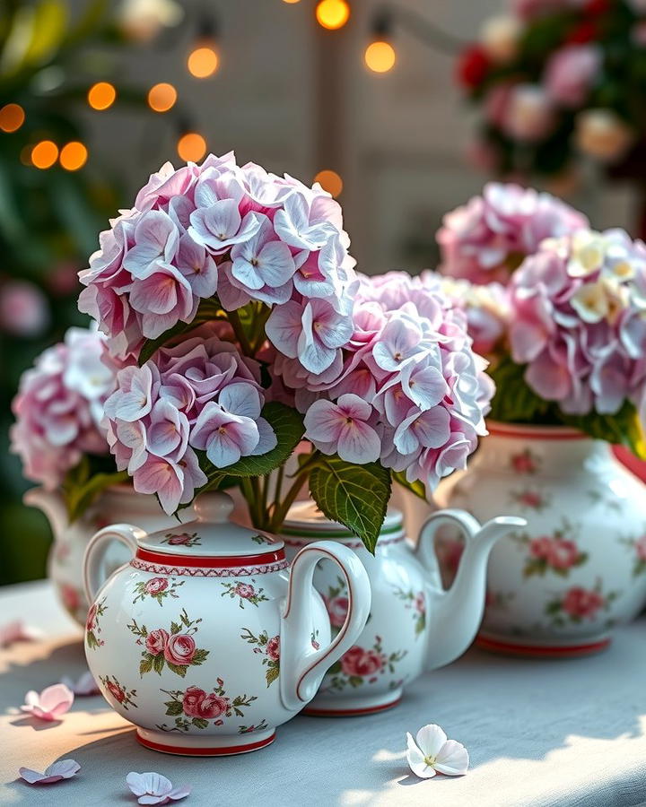 Hydrangeas in Vintage Teapots