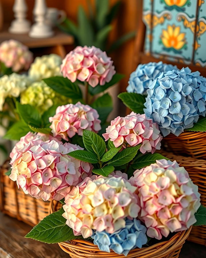 Hydrangeas in Wicker Baskets