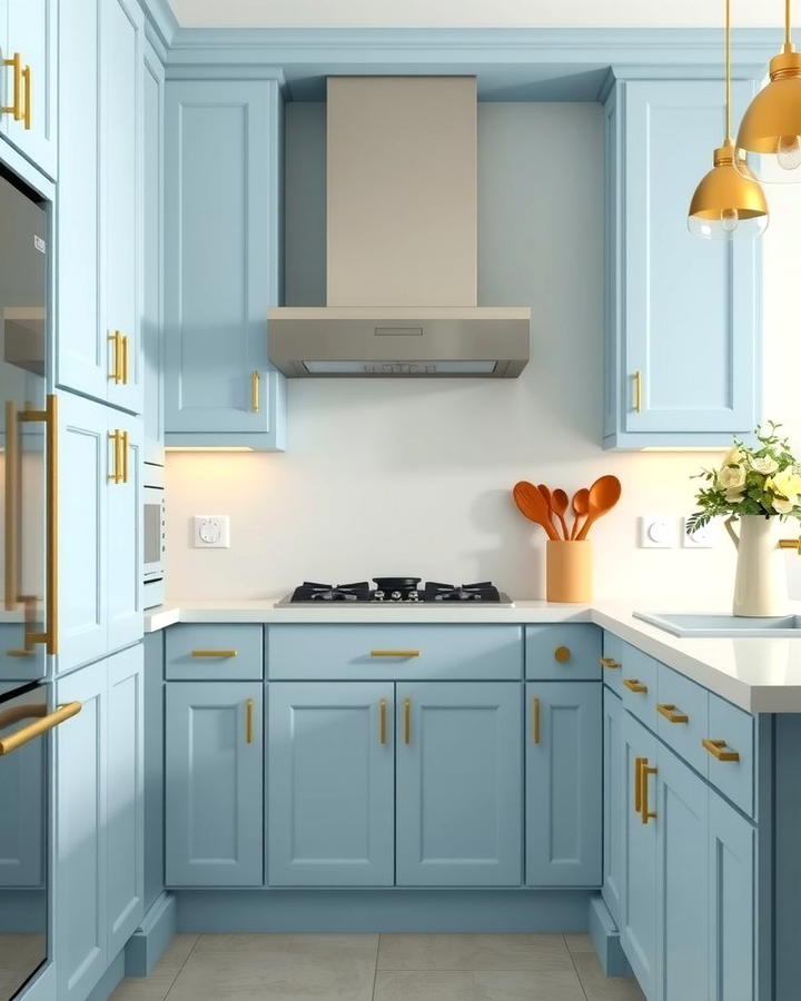 Ice Blue Cabinets with Champagne Gold Handles