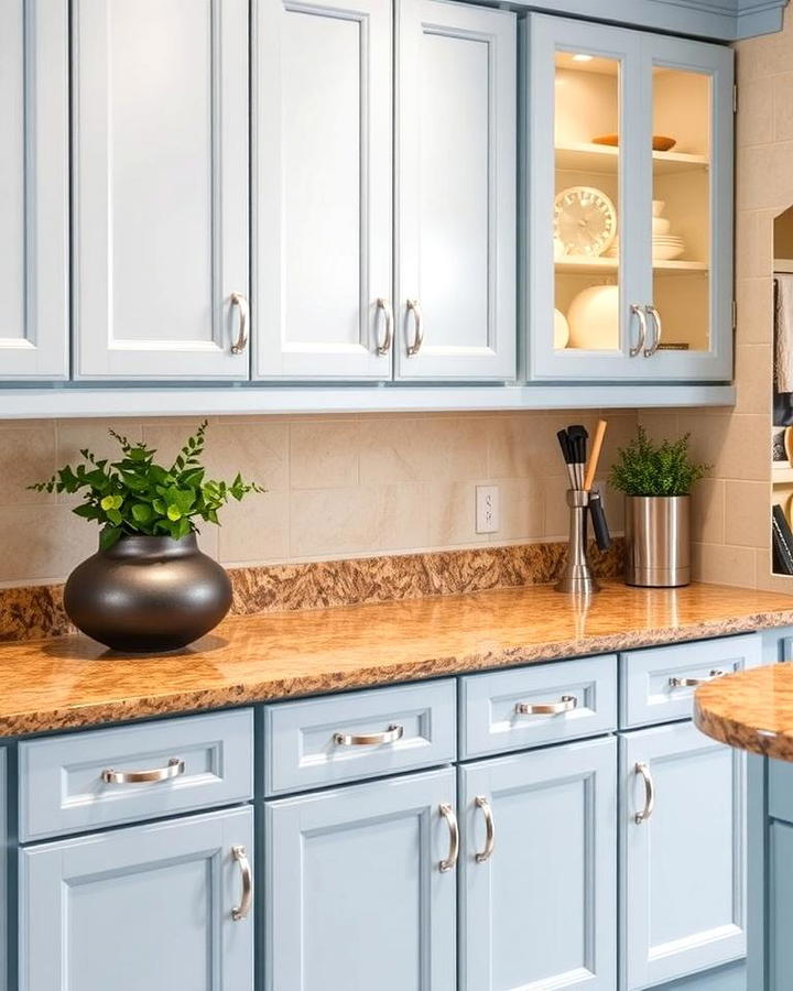 Ice Blue Cabinets with Tawny Brown Granite