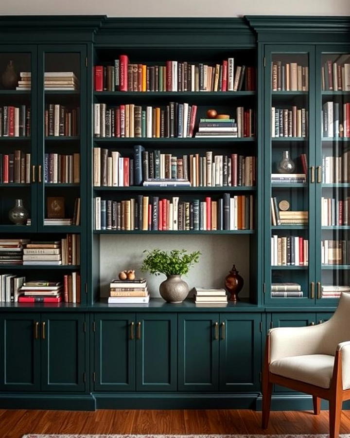 Incorporating Dark Green Bookshelves with Glass Doors