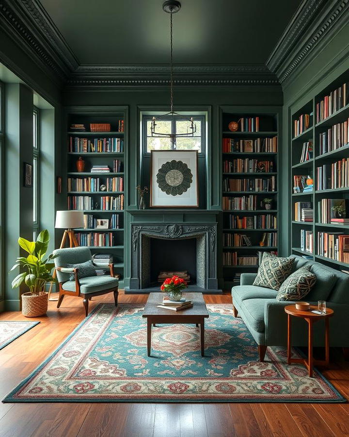 Incorporating Dark Green Rugs to Anchor the Room