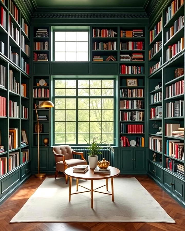 Incorporating Floor to Ceiling Dark Green Shelves