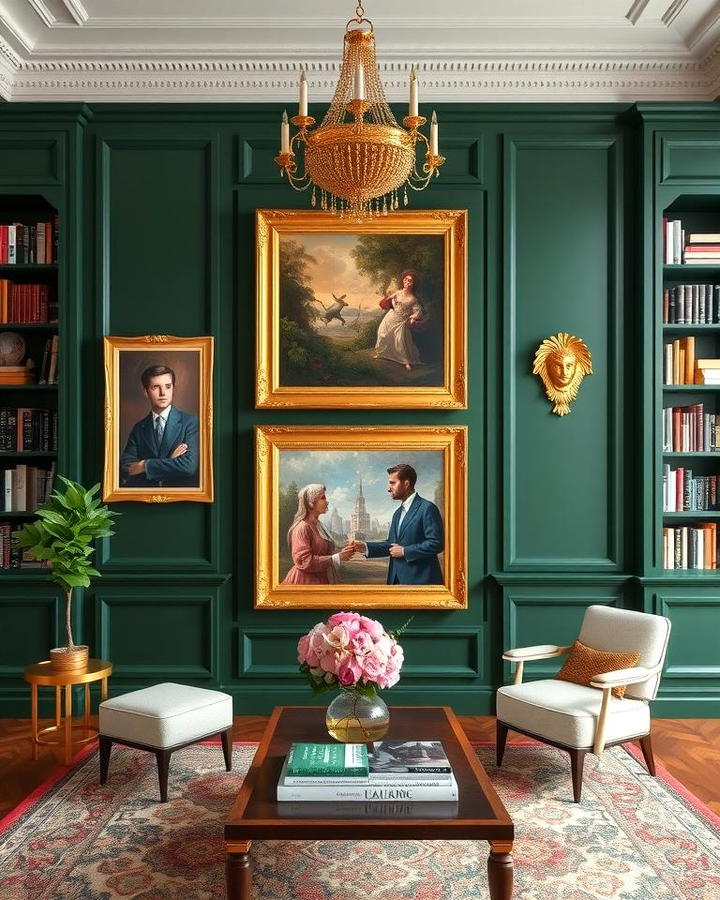 Incorporating Gold Framed Artwork Against Dark Green Walls