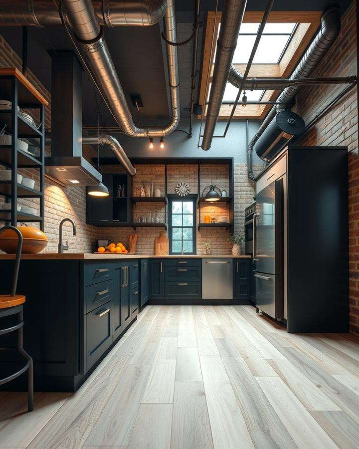 Industrial Chic Kitchen with Light Wood Floors