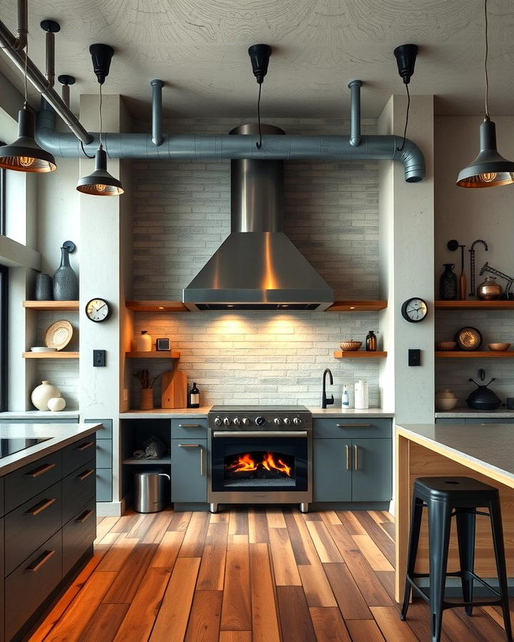 Industrial Style Kitchen with a Metal Fireplace