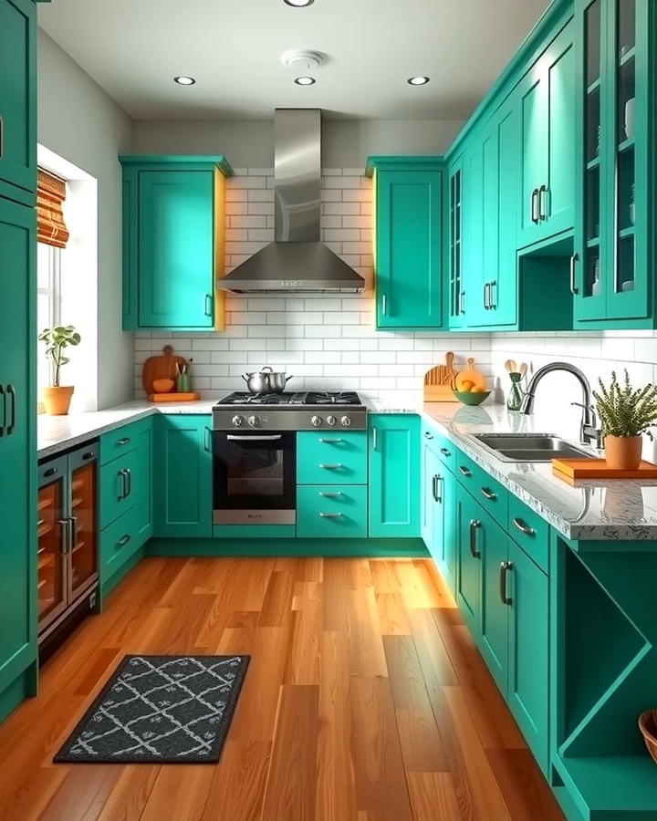 Jade Green Cabinets with Chestnut Brown Flooring