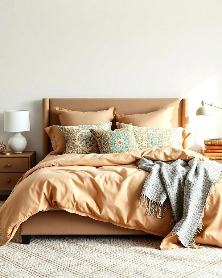 Khaki Bedding with Patterned Pillows