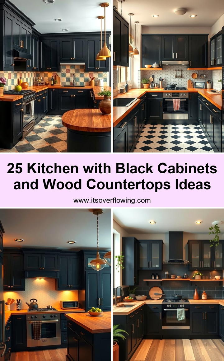 Kitchen with Black Cabinets and Wood Countertops Ideas