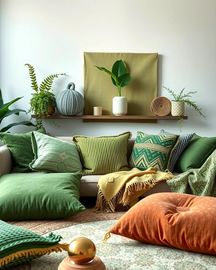 Layer Green Textures with Throw Pillows and Blankets