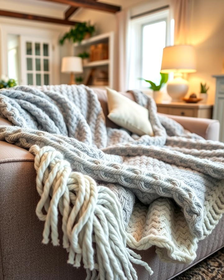 Layered Grey and White Throw Blankets