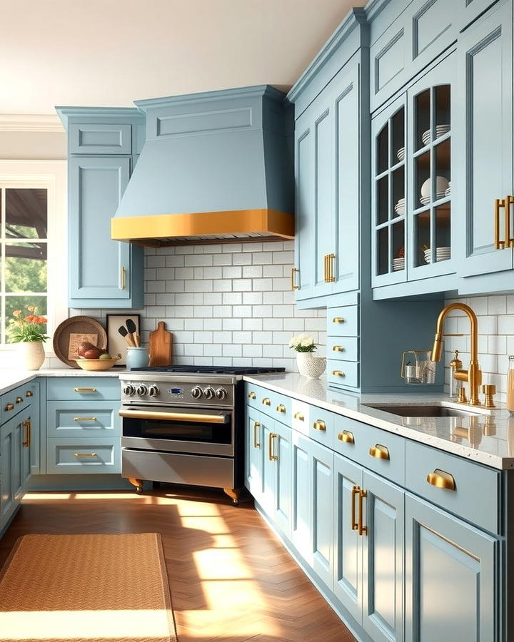 Light Blue Cabinets with Brass Hardware