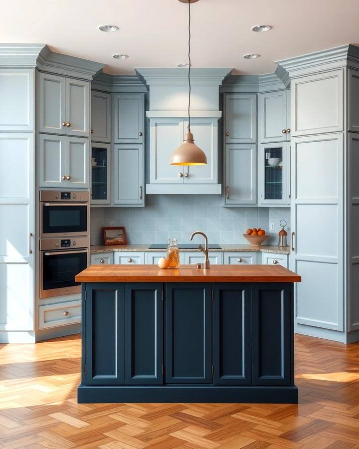 Light Blue Cabinets with Contrasting Island