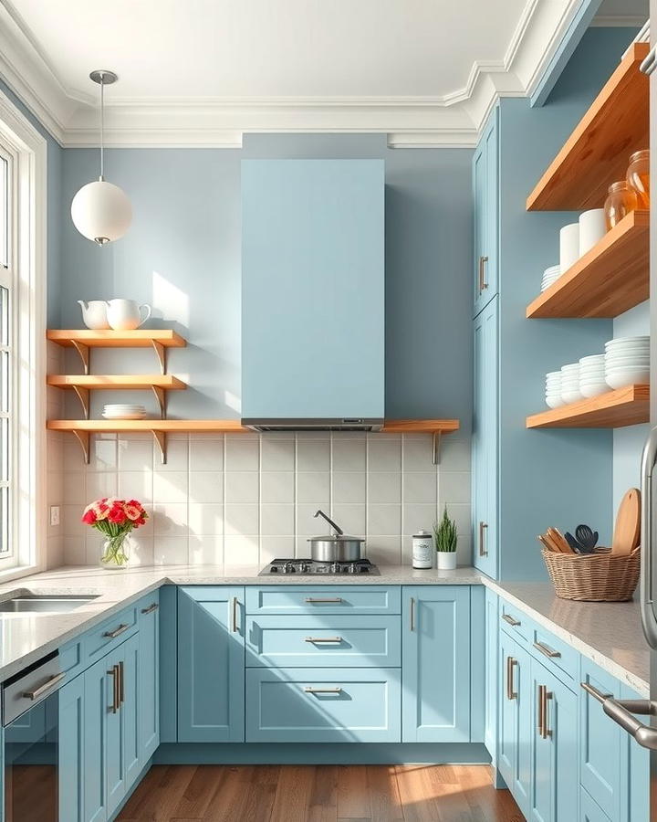 Light Blue Cabinets with Open Shelving