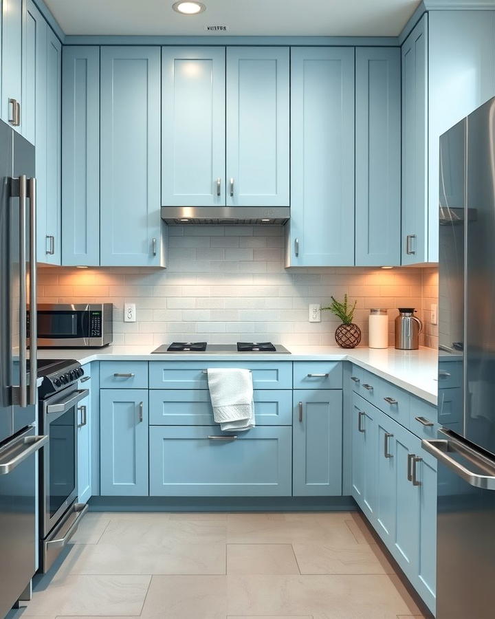 Light Blue Cabinets with Stainless Steel Appliances