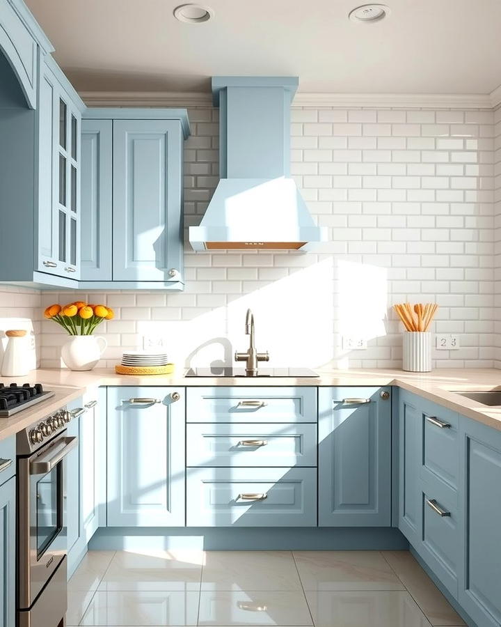 Light Blue Cabinets with Subway Tile Backsplash