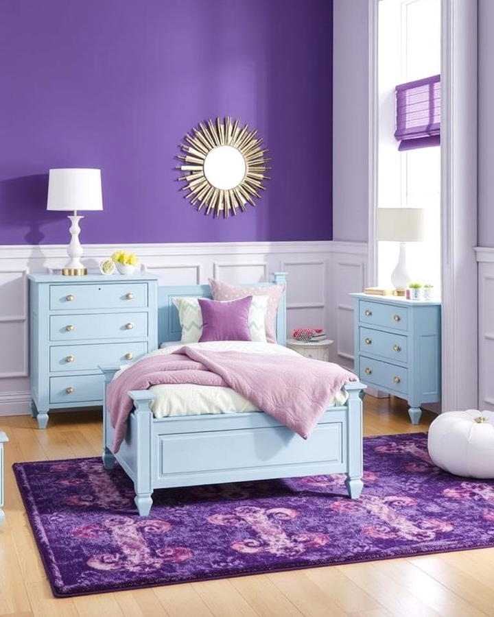 Light Blue Furniture Paired with Purple Rugs