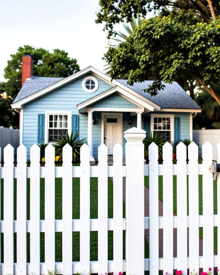 Light Blue House With White Picket Fence