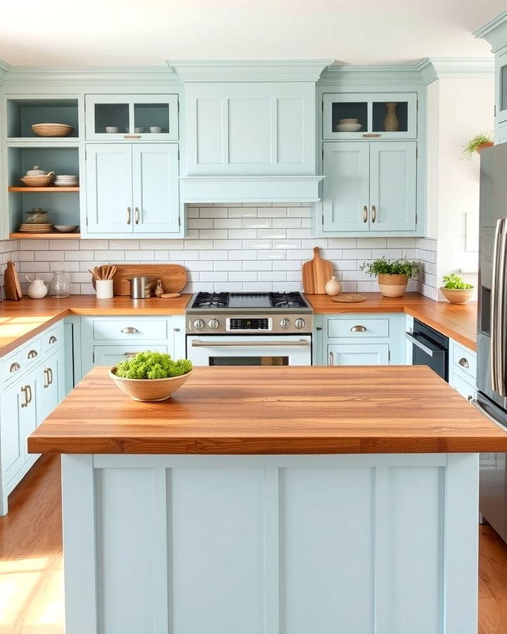 Light Blue Island with Rustic Wooden Countertops