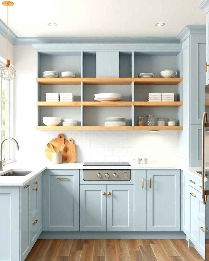 Light Blue Islands with Open Shelving